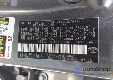 2023 Toyota Camry Se Hybrid из США, поврежденный, VIN 4T1S31AK7PU603550